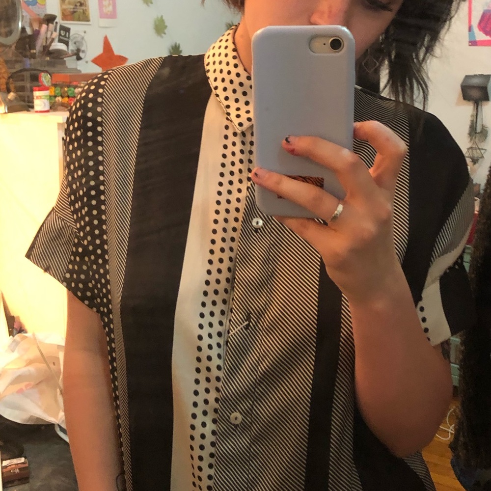 Silk Black+White Patterned Button Up